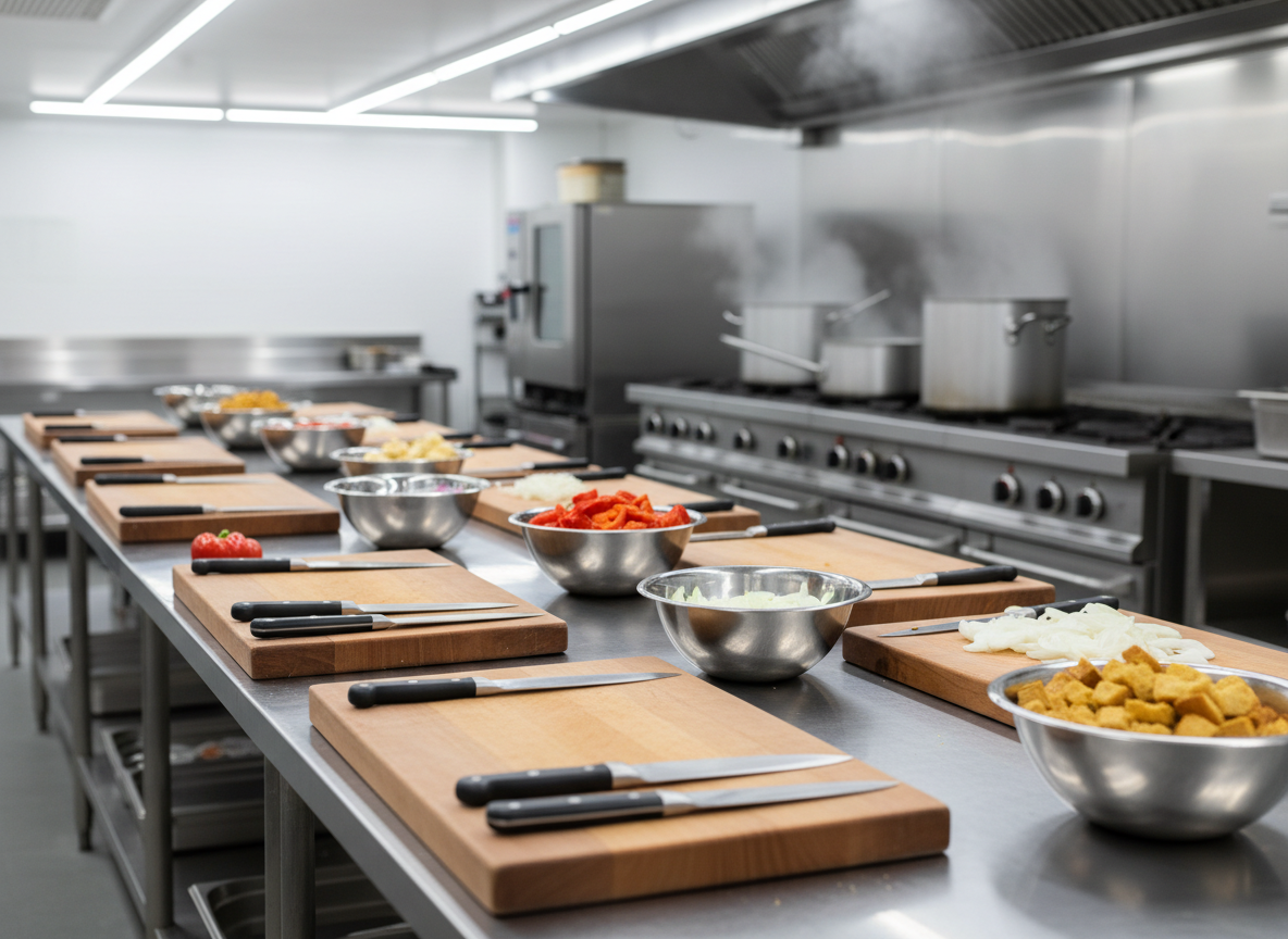 A polished stainless-steel prep table in a commercial-grade community kitchen, lined with neatly arranged chopping boards, sharp chef’s knives, and bowls filled with chopped surplus vegetables—vibrant red peppers, sliced onions, and diced bread for croutons. In the background, simmering pots on an industrial stove emit gentle steam, softly blurred to maintain focus on the prep area. Bright, evenly distributed overhead lighting illuminates every surface, creating crisp reflections and a clean, professional atmosphere. Captured from a slightly elevated angle with sharp focus across the frame, the photographic realism emphasizes hygiene, organization, and efficiency. The mood is purposeful and optimistic, showcasing how excess ingredients are systematically transformed into nutritious community meals rather than being discarded.