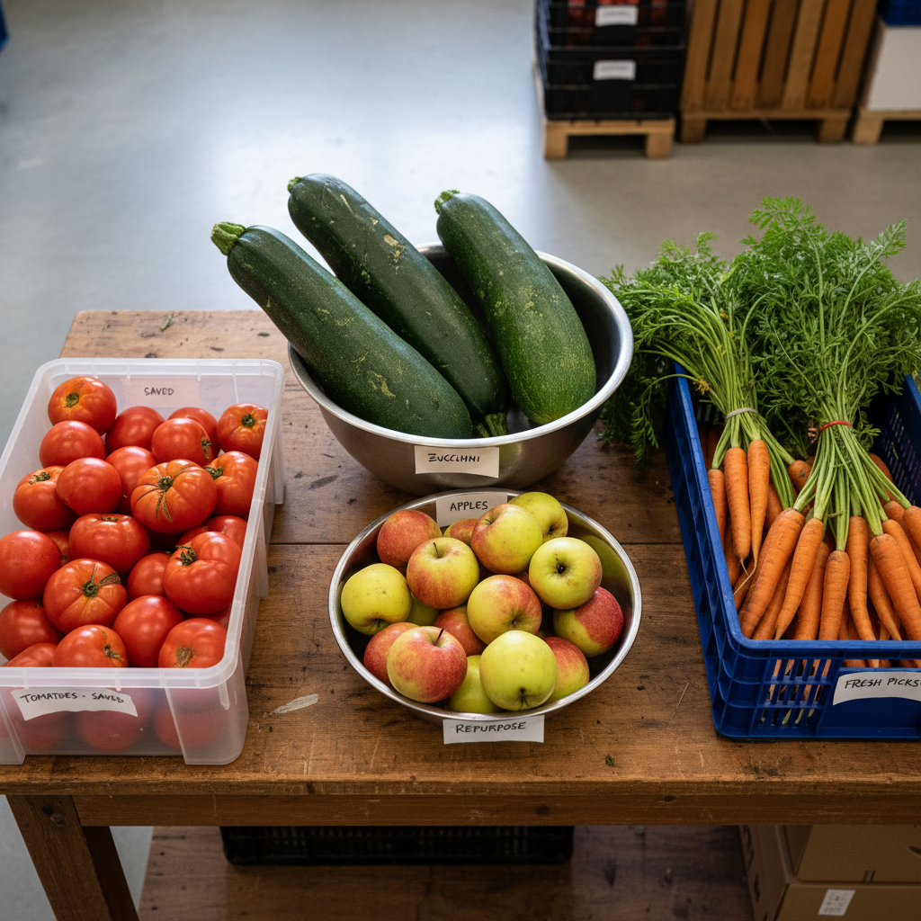 A close-up, overhead photographic view of a sturdy wooden sorting table covered with carefully arranged surplus produce: slightly misshapen tomatoes, oversized zucchinis, speckled apples, and imperfect but fresh carrots. Each group of vegetables rests in labeled, reusable plastic crates and metal bowls, creating a sense of order and intention. Soft, diffused daylight from an unseen high window washes over the scene, reducing harsh shadows and highlighting natural textures and subtle blemishes. The background fades into a gentle blur of stacked crates and a clean concrete floor. The composition follows the rule of thirds, with strong geometric shapes and natural colors, conveying a professional, methodical approach to reducing food waste through careful selection and preparation.