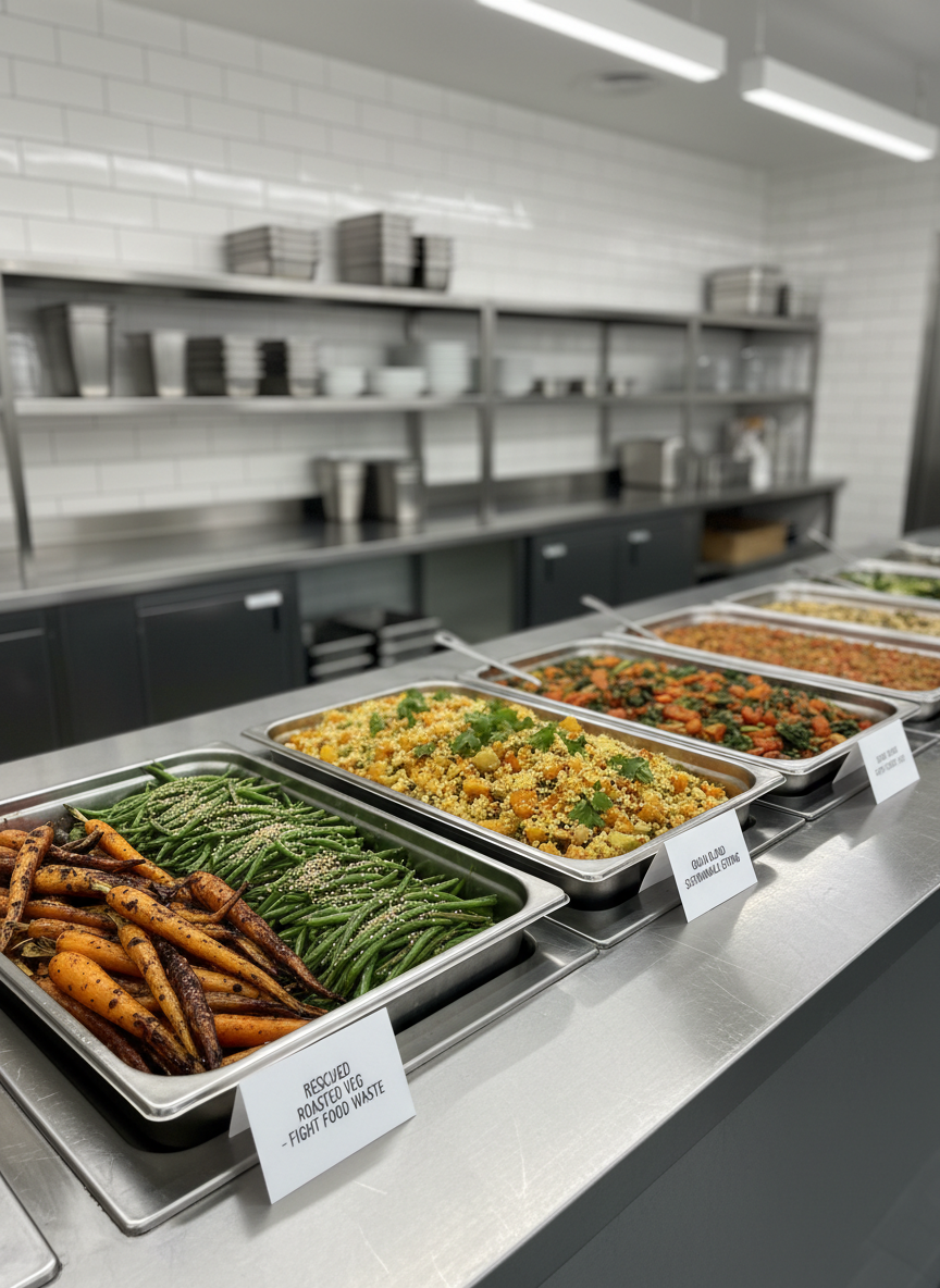 A long stainless-steel serving counter neatly arranged with deep trays of colorful surplus vegetables and grains, carefully transformed into elegant buffet-style dishes. Perfectly roasted carrots, glossy green beans, and golden couscous sit in pristine metal pans, each labeled with simple, professional signage about reducing food waste. The counter stands in a spotless, contemporary community kitchen with white tiled walls and neatly stacked reusable containers in the background, softly blurred. Overhead, cool white LED lighting creates even, photographic realism with gentle reflections on the metal surfaces. Shot at eye level with a slight three-quarter angle, the composition feels organized, calm, and professional, emphasizing abundance with purpose and the transformation of rescued food into dignified community meals.