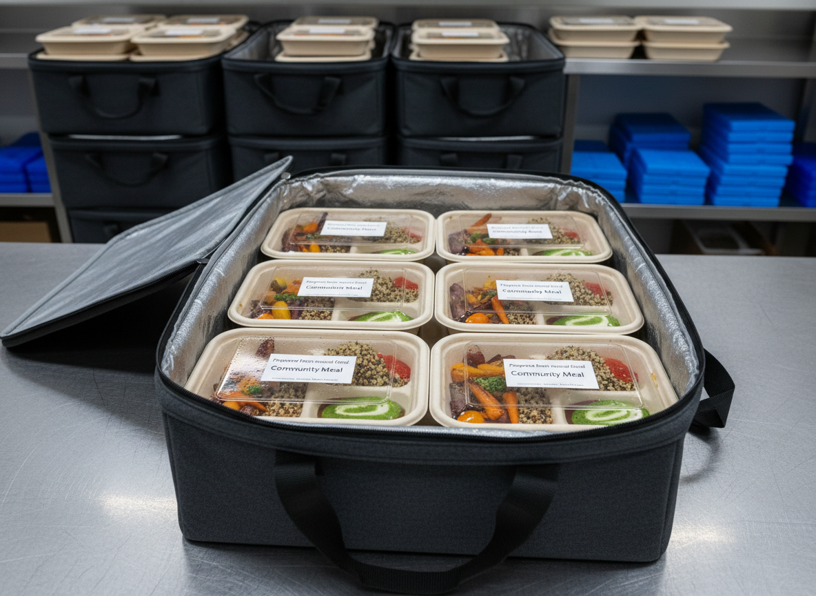 An insulated, reusable food delivery container opened on a clean stainless-steel counter, revealing multiple neatly packed, eco-friendly meal boxes made from unbleached, compostable material. Inside each box, balanced portions of a colorful surplus-food-based meal—roasted vegetables, grains, and sauces—are carefully separated in compartments, looking fresh and appetizing. Behind the container, shelves stocked with more labeled delivery crates and reusable ice packs create depth, softly out of focus. Cool, bright fluorescent lighting provides even illumination with subtle reflections on the metal counter, reinforcing a professional, food-safe environment. Photographic realism captures fine details like condensation on lids and printed labels indicating “Prepared from rescued food.” The composition uses an eye-level perspective and centered framing to highlight efficient, dignified distribution of meals to the community.